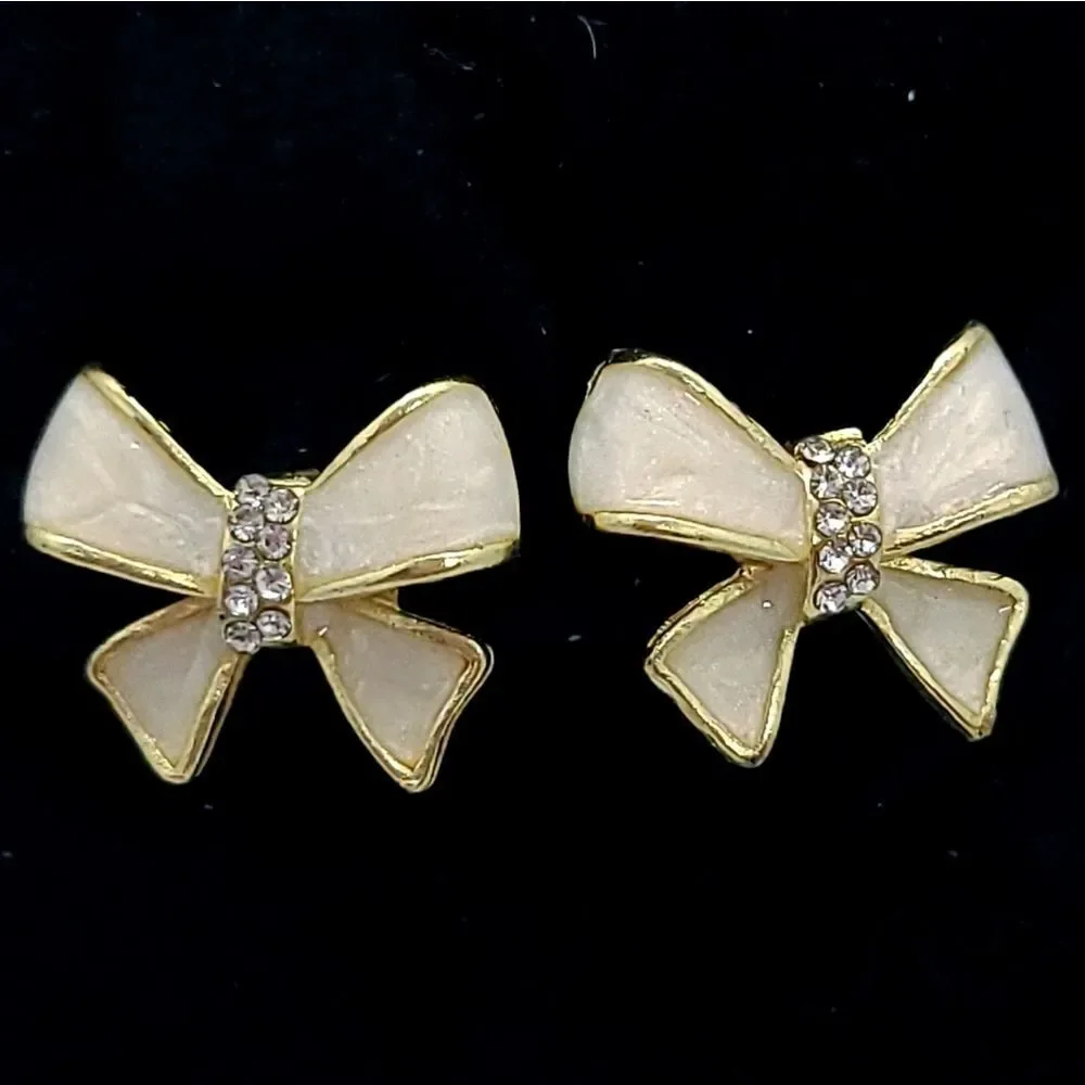Ivory Bow Stud Earrings Gold Rhinestone Ribbon Elegant Coquette Jewelry